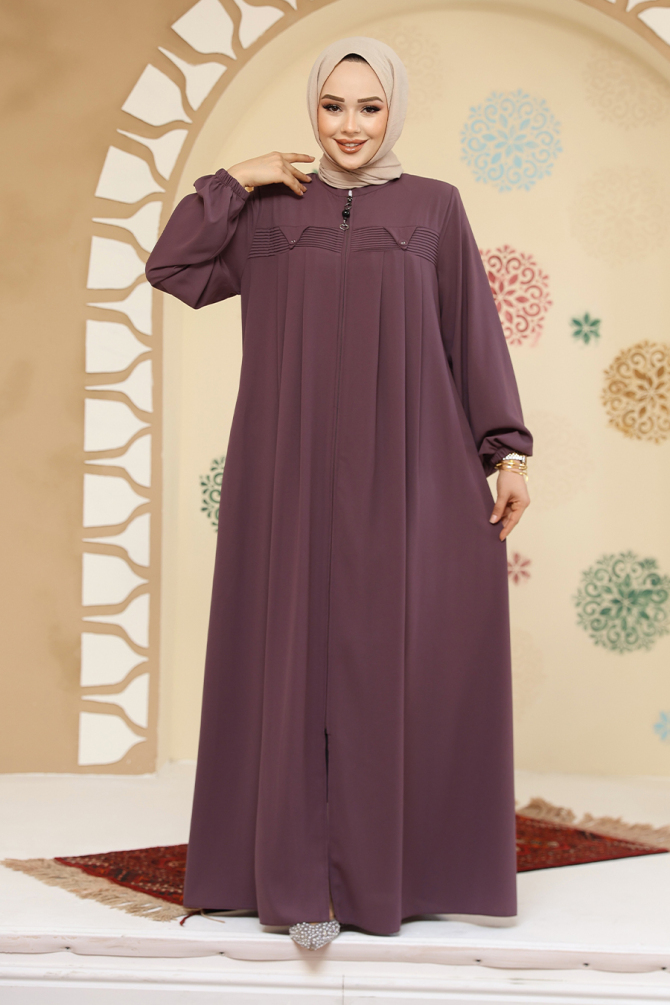 Fermuarlı Gül Kurusu Tesettür Abaya 45295GK - 3