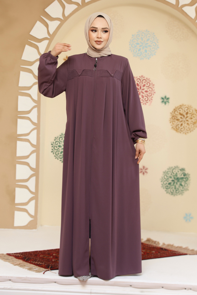 Fermuarlı Gül Kurusu Tesettür Abaya 45295GK - 4