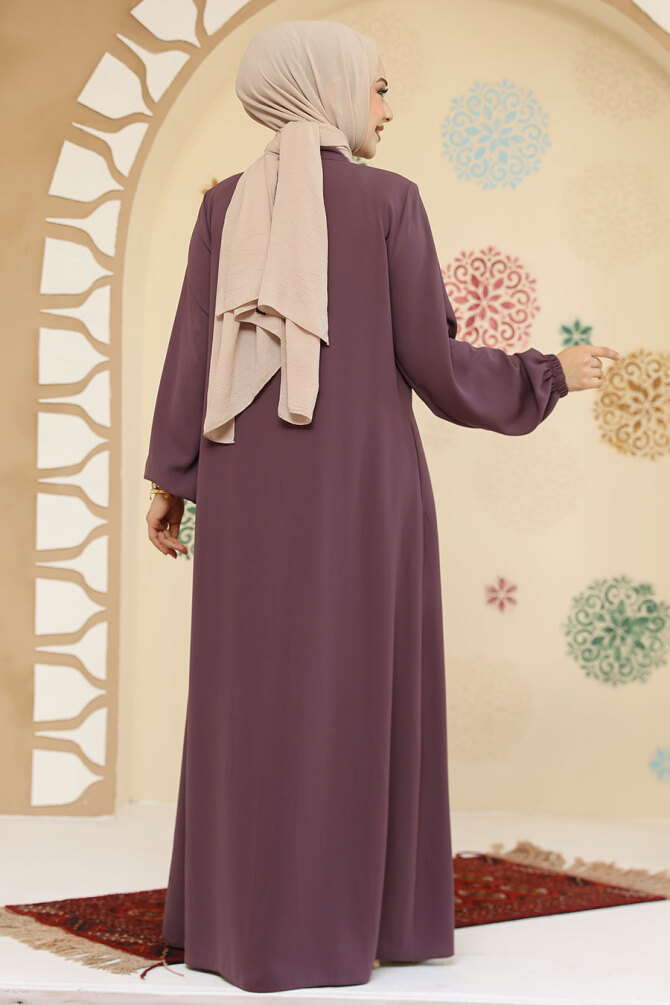 Fermuarlı Gül Kurusu Tesettür Abaya 45295GK - 5