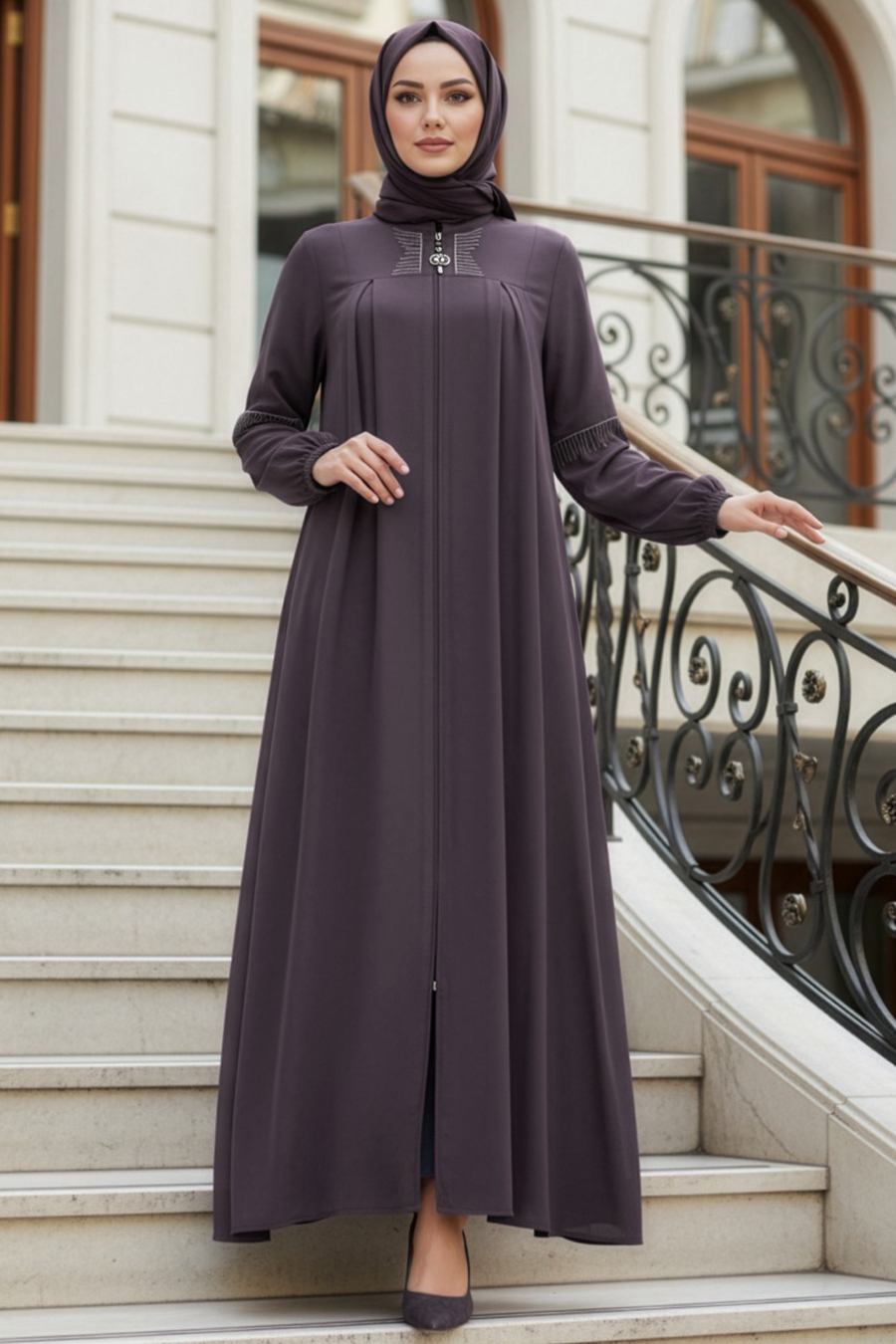Fermuarlı Gül Kurusu Tesettür Abaya 45299GK