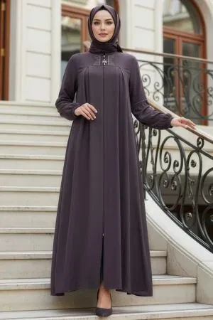 Fermuarlı Gül Kurusu Tesettür Abaya 45299GK - 1