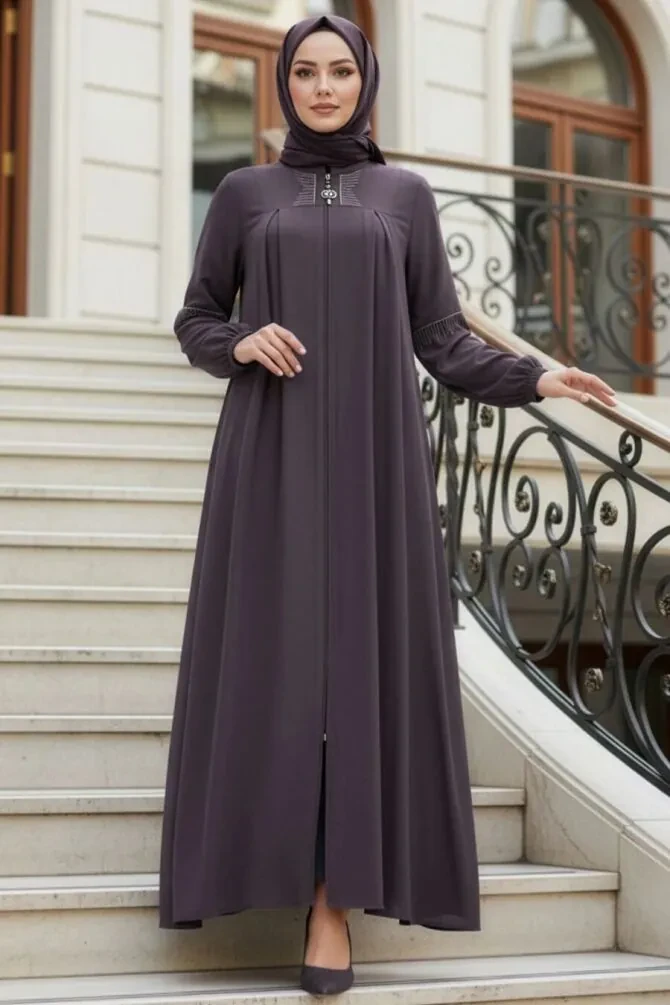Fermuarlı Gül Kurusu Tesettür Abaya 45299GK - 1