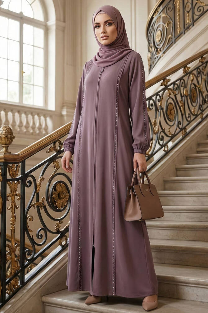 Fermuarlı Gül Kurusu Tesettür Abaya 45317GK - N.S NEVA STYLE