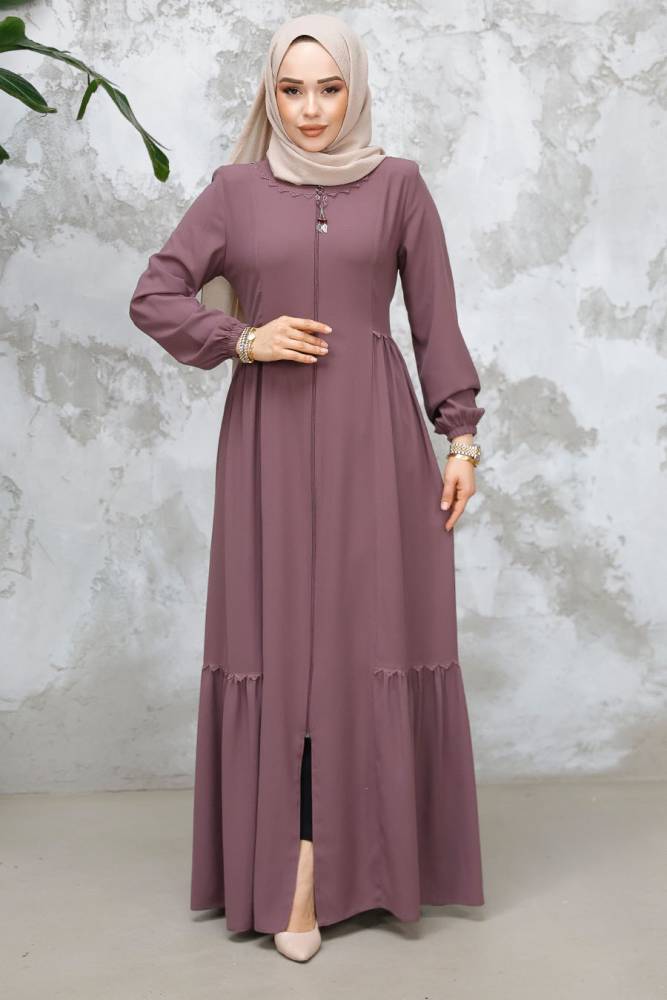 Fermuarlı Gül Kurusu Tesettür Abaya 8133GK - 2