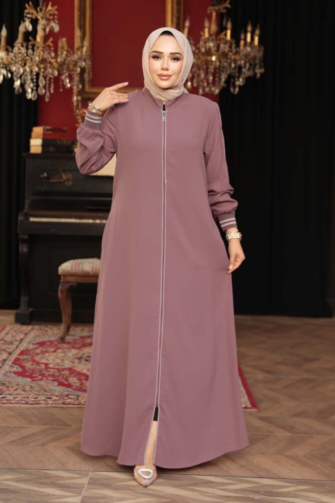 Fermuarlı Gül Kurusu Tesettür Ferace 26381GK - 2