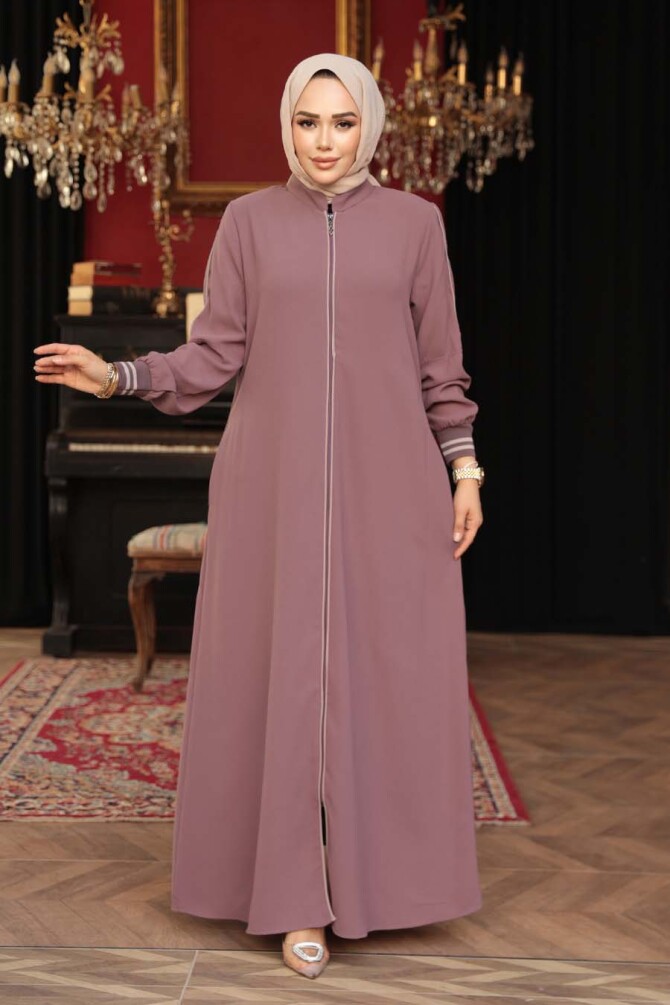 Fermuarlı Gül Kurusu Tesettür Ferace 26381GK - 1