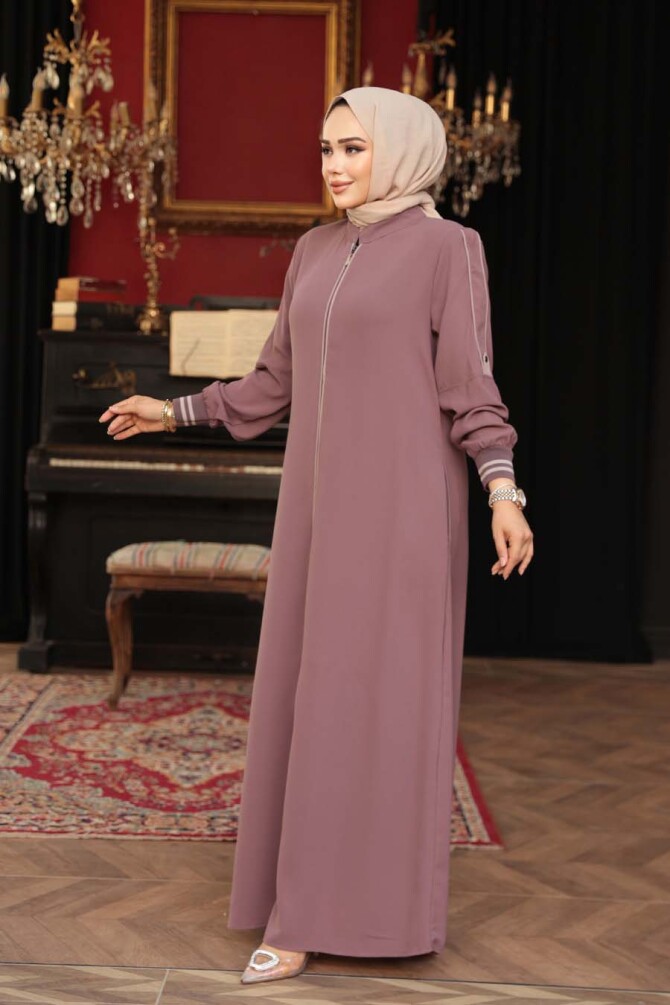 Fermuarlı Gül Kurusu Tesettür Ferace 26381GK - 3