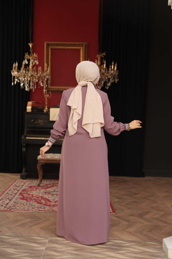 Fermuarlı Gül Kurusu Tesettür Ferace 26381GK - 4