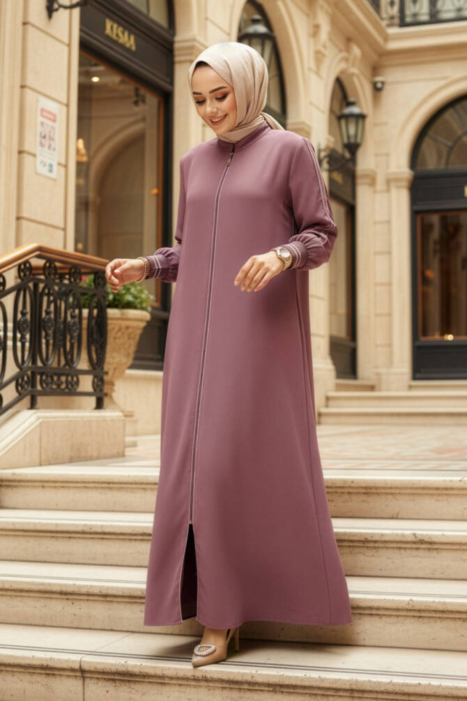 Fermuarlı Gül Kurusu Tesettür Ferace 26381GK - N.S NEVA STYLE