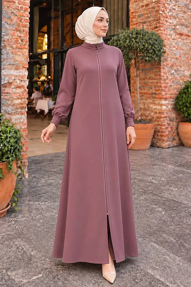 Fermuarlı Gül Kurusu Tesettür Ferace 26381GK - 1