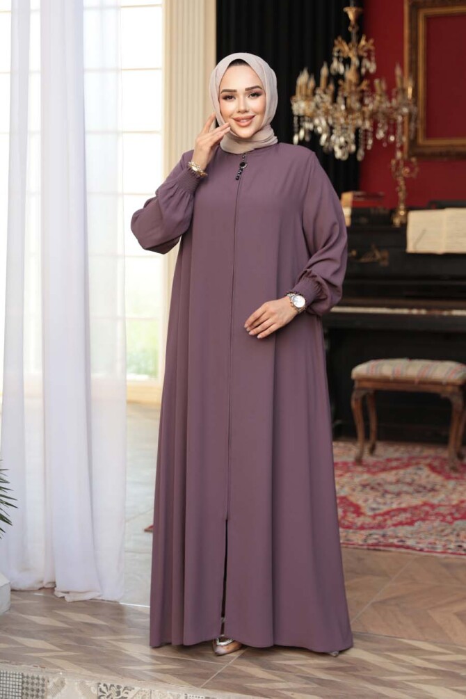 Fermuarlı Gül Kurusu Tesettür Ferace 45287GK - 2