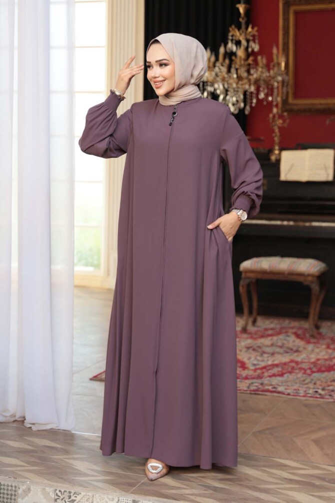 Fermuarlı Gül Kurusu Tesettür Ferace 45287GK - 3