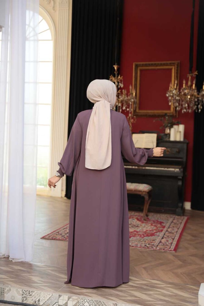 Fermuarlı Gül Kurusu Tesettür Ferace 45287GK - 4