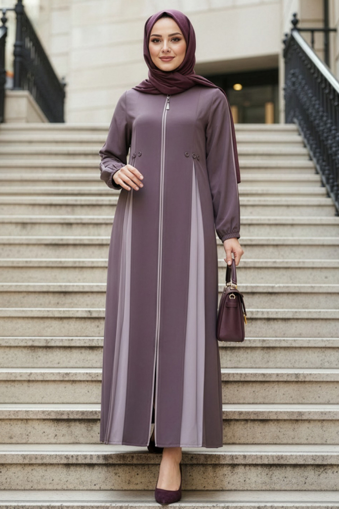 Fermuarlı Gül Kurusu Tesettür Ferace 45288GK - N.S NEVA STYLE