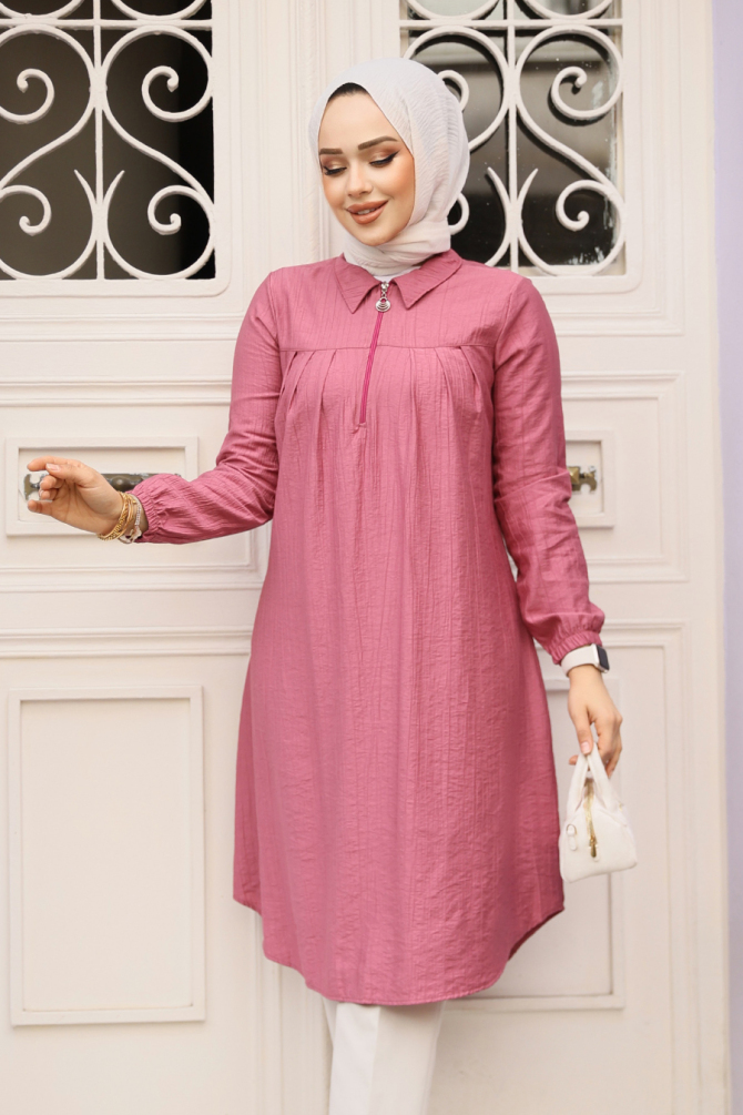 Fermuarlı Gül Kurusu Tesettür Tunik 1467GK - 2