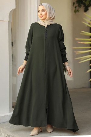 Fermuarlı Haki Tesettür Abaya 26302HK - 2