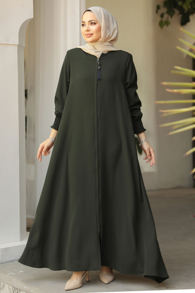 Fermuarlı Haki Tesettür Abaya 26302HK - 2