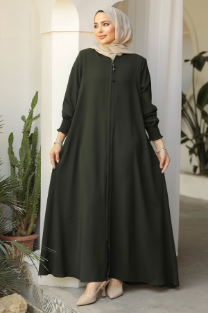 Fermuarlı Haki Tesettür Abaya 26302HK - 3