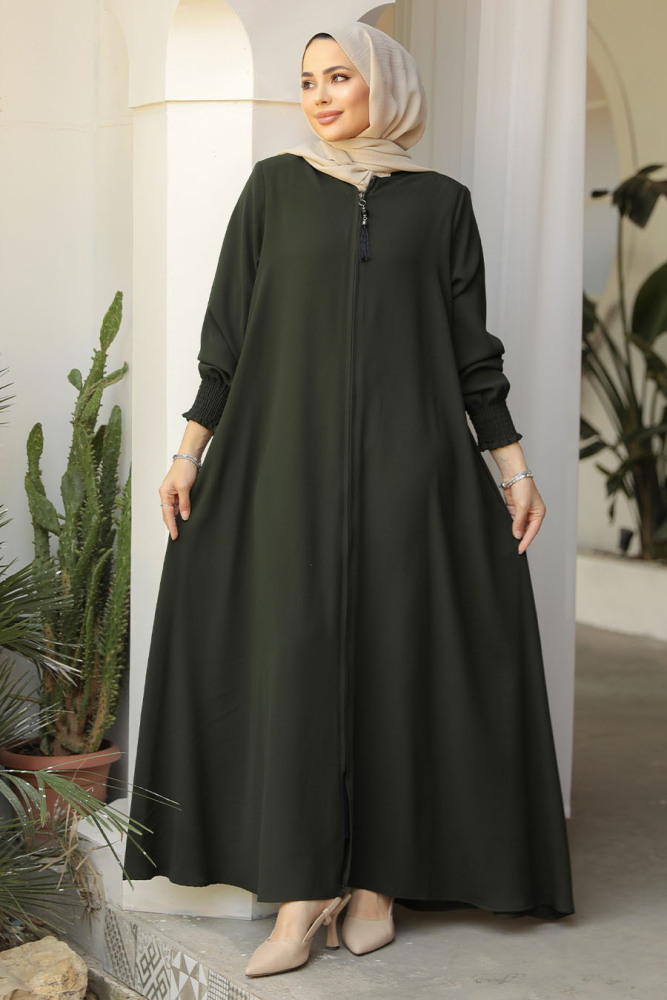 Fermuarlı Haki Tesettür Abaya 26302HK - 3