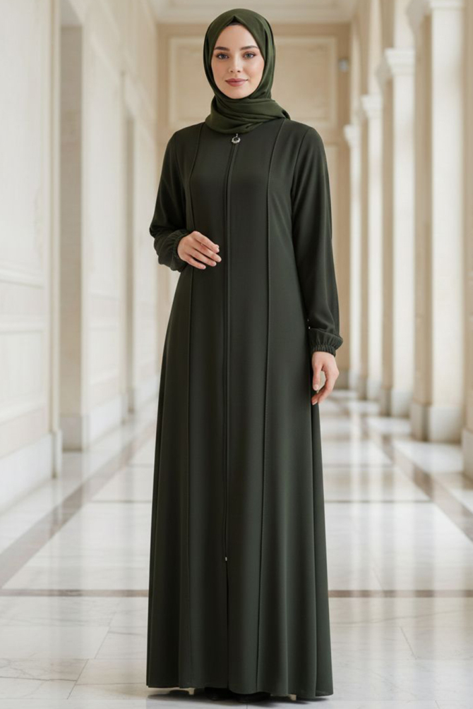 Fermuarlı Haki Tesettür Abaya 45307HK - 1