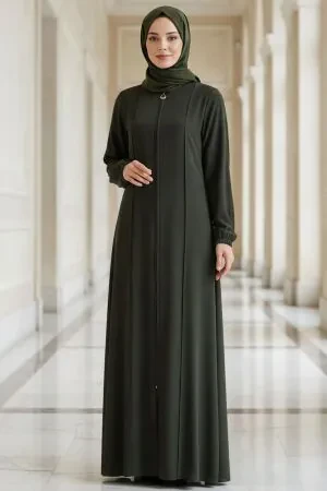 Fermuarlı Haki Tesettür Abaya 45307HK 