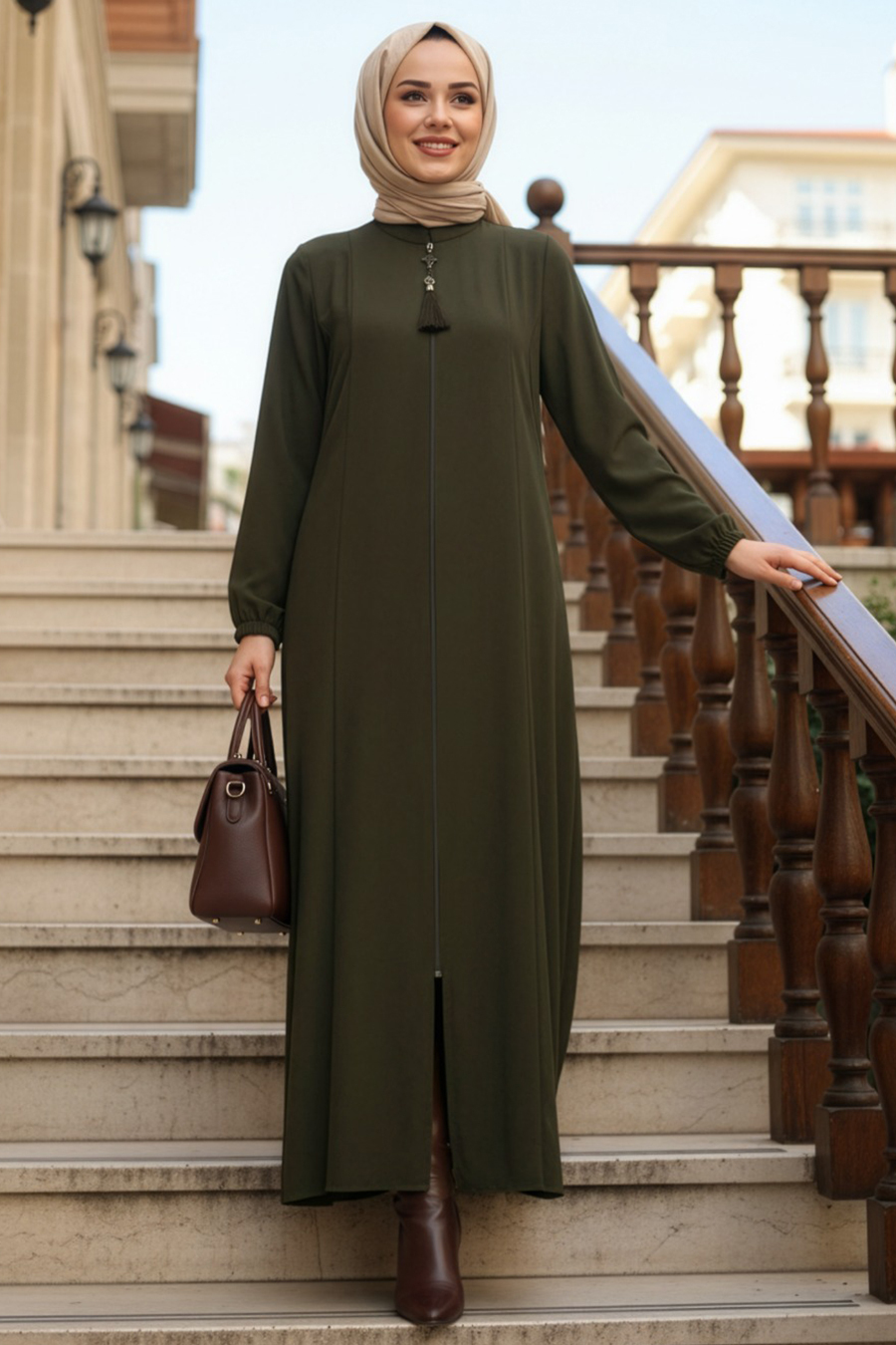 Fermuarlı Haki Tesettür Abaya 45319HK