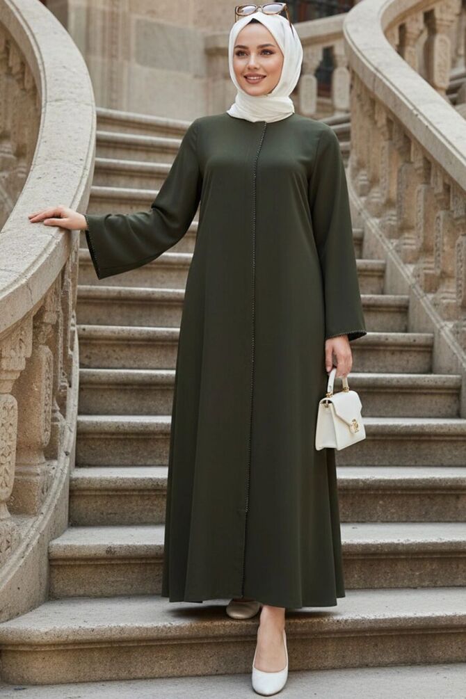 Fermuarlı Haki Tesettür Abaya 85107HK - 1