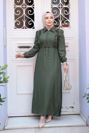 Fermuarlı Haki Tesettür Elbise 17021HK 