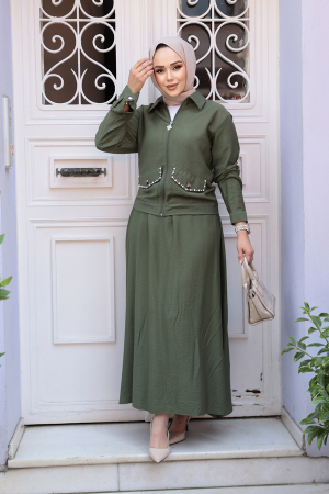 Fermuarlı Haki Tesettür Etekli İkili Takım 44751HK - 2