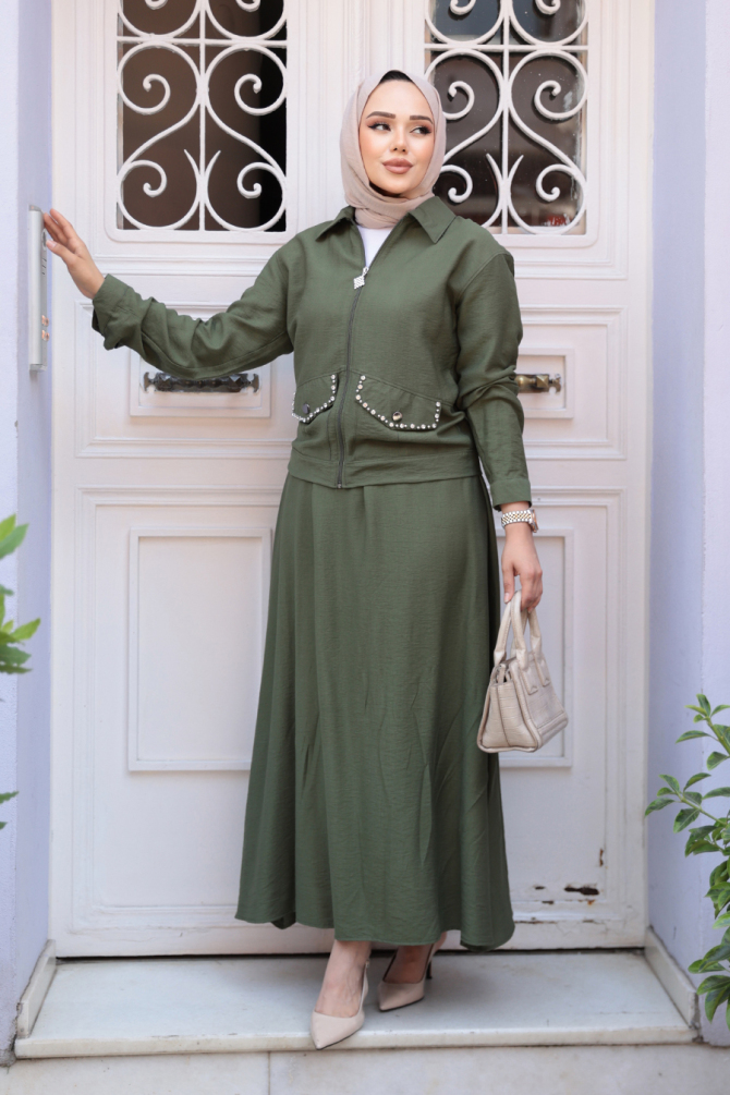 Fermuarlı Haki Tesettür Etekli İkili Takım 44751HK - 1