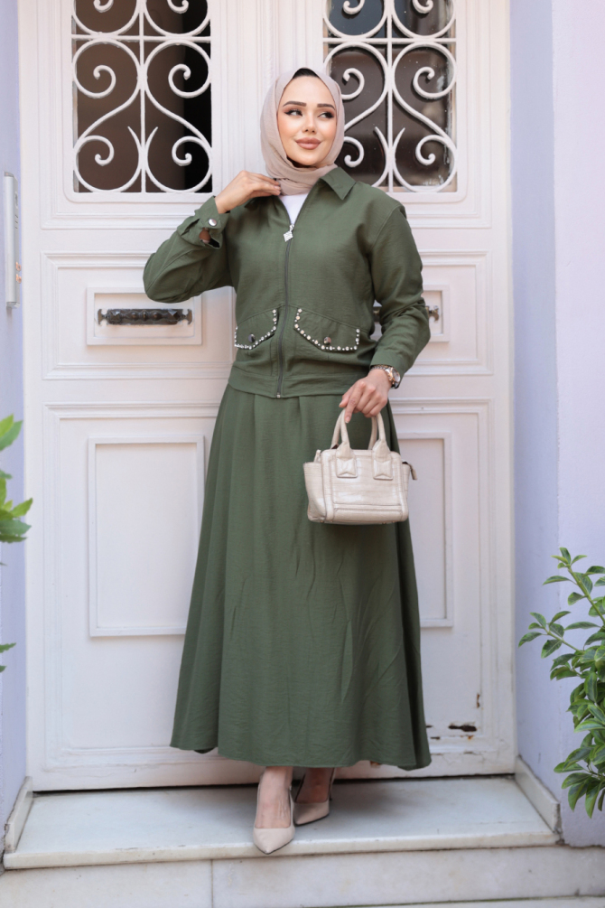 Fermuarlı Haki Tesettür Etekli İkili Takım 44751HK - 5