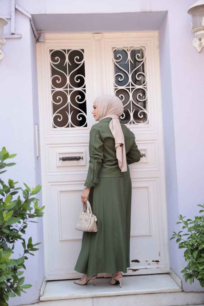 Fermuarlı Haki Tesettür Etekli İkili Takım 44751HK - 6