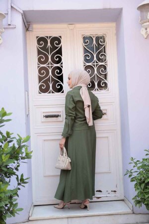 Fermuarlı Haki Tesettür Etekli İkili Takım 44751HK - 6