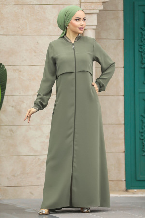 Fermuarlı Haki Tesettür Ferace 20075HK - 3