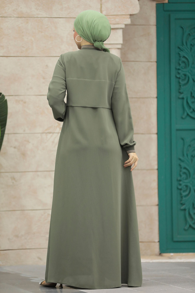 Fermuarlı Haki Tesettür Ferace 20075HK - 4