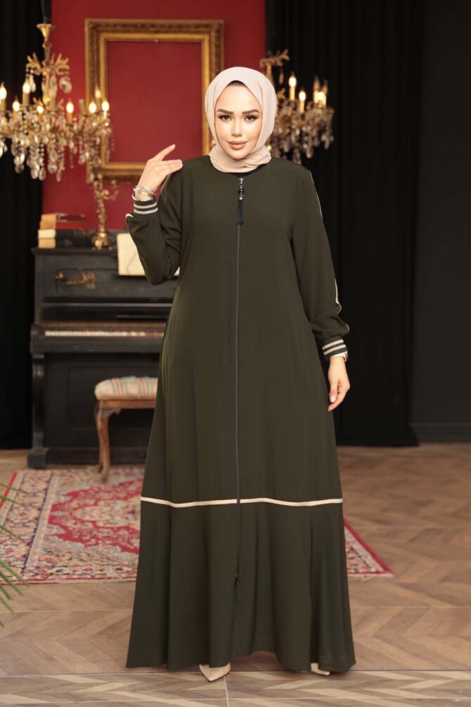 Fermuarlı Haki Tesettür Ferace 26212HK - 2
