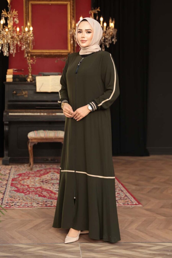 Fermuarlı Haki Tesettür Ferace 26212HK - 3