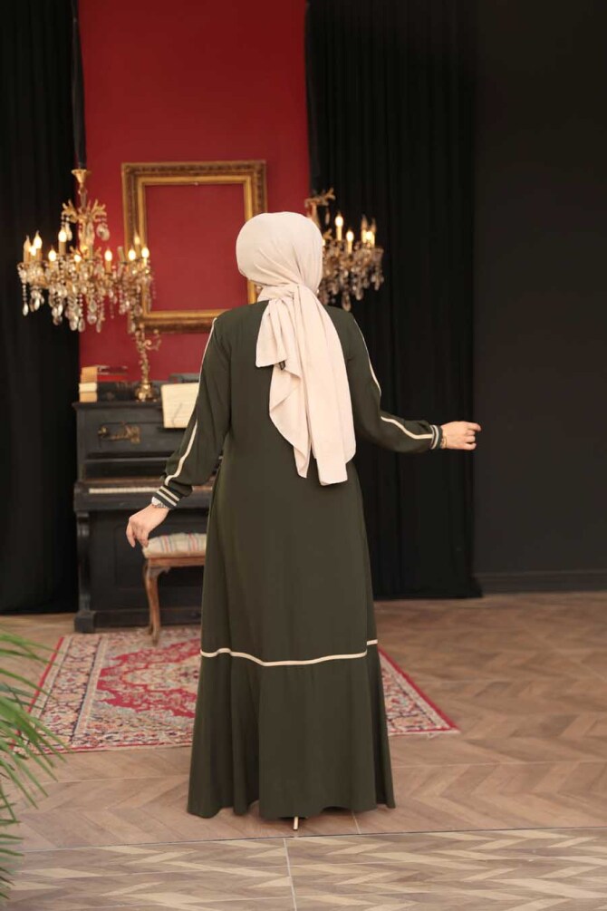 Fermuarlı Haki Tesettür Ferace 26212HK - 4
