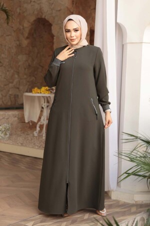 Fermuarlı Haki Tesettür Ferace 26371HK - 2