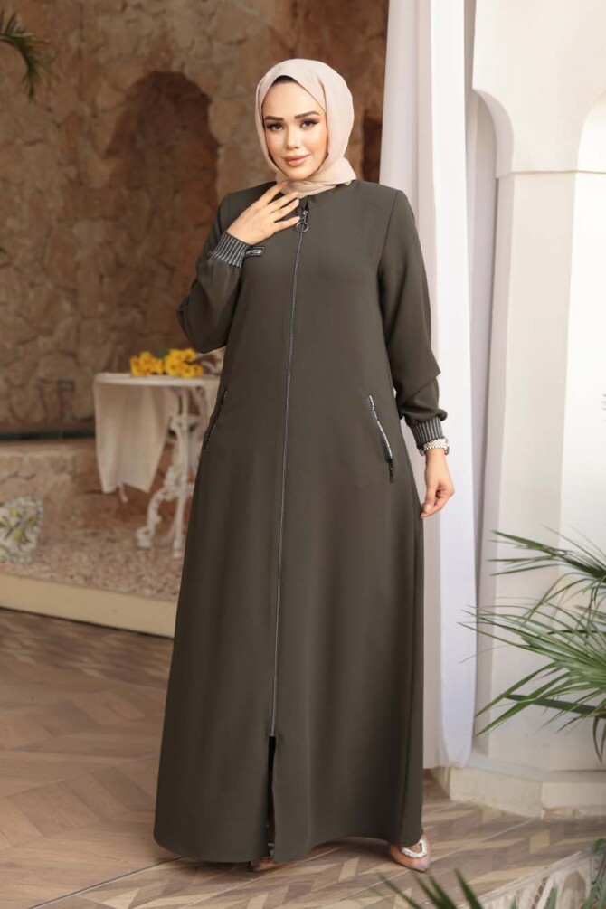 Fermuarlı Haki Tesettür Ferace 26371HK - 2