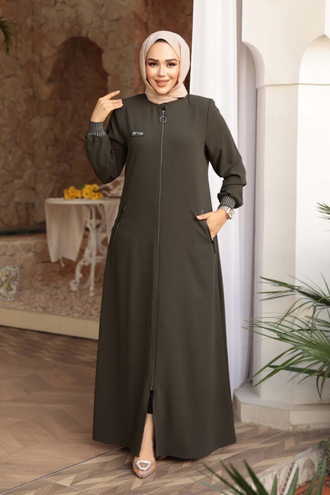 Fermuarlı Haki Tesettür Ferace 26371HK - 3