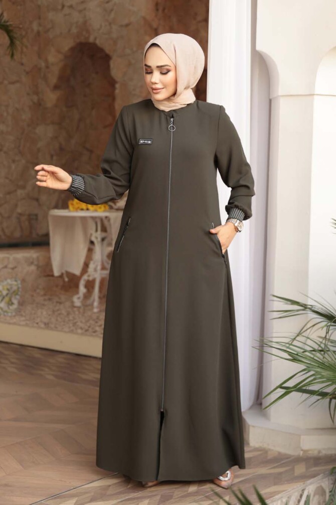 Fermuarlı Haki Tesettür Ferace 26371HK - 1