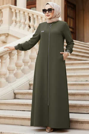 Fermuarlı Haki Tesettür Ferace 26371HK 