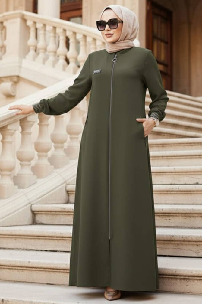 Fermuarlı Haki Tesettür Ferace 26371HK - 1