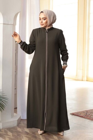 Fermuarlı Haki Tesettür Ferace 26381HK - 3