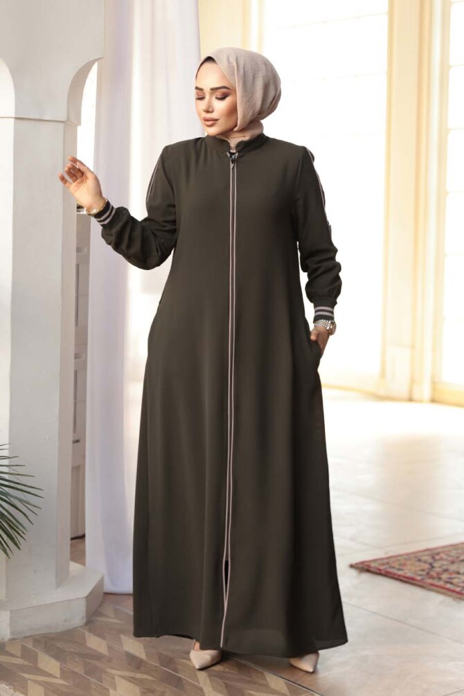 Fermuarlı Haki Tesettür Ferace 26381HK - 3