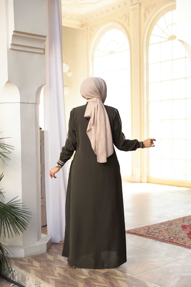 Fermuarlı Haki Tesettür Ferace 26381HK - 4