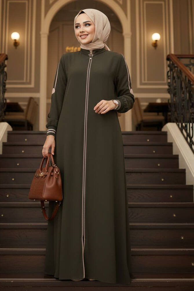 Fermuarlı Haki Tesettür Ferace 26381HK - 1