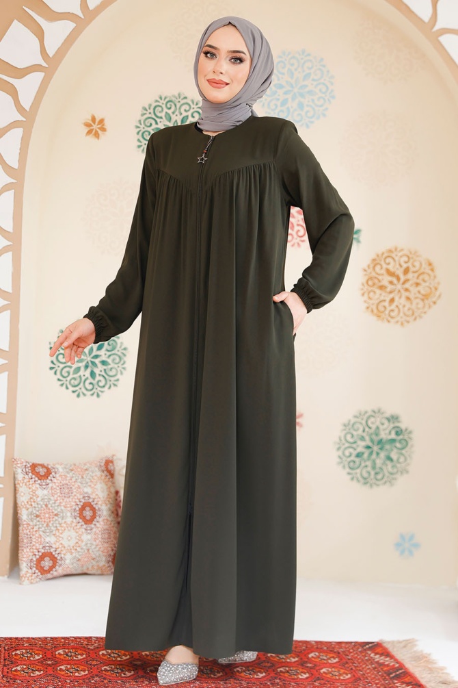 Fermuarlı Haki Tesettür Ferace 45285HK - 1