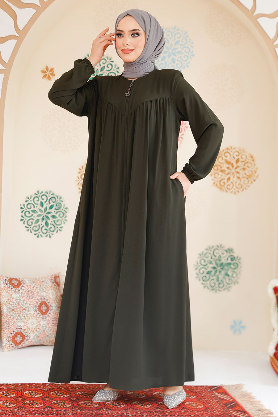 Fermuarlı Haki Tesettür Ferace 45285HK - 2